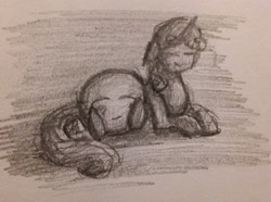 Size: 640x475 | Tagged: safe, artist:necrohorse, derpibooru import, sweetie belle, fanfic:a sweetie dream land, eyes closed, kirby, kirby (series), pencil drawing, traditional art