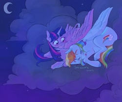 Size: 1800x1500 | Tagged: safe, artist:abbytabbys, derpibooru import, rainbow dash, twilight sparkle, twilight sparkle (alicorn), alicorn, pegasus, pony, g4, cloud, colored hooves, duo, duo female, female, lesbian, mare, night, on a cloud, shipping, sitting, sitting on cloud, sleeping, sleeping on a cloud, snoring, twidash