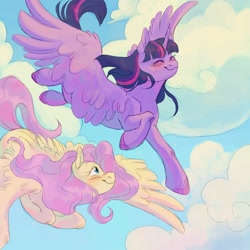 Size: 1500x1500 | Tagged: safe, artist:abbytabbys, derpibooru import, fluttershy, twilight sparkle, twilight sparkle (alicorn), alicorn, pegasus, pony, g4, blushing, cloud, colored hooves, duo, duo female, eyes closed, female, flying, lesbian, looking at someone, mare, shipping, sky background, spread wings, twishy, wings