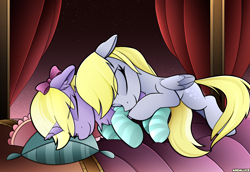 Size: 2480x1711 | Tagged: safe, artist:andaluce, derpibooru import, derpy hooves, dinky hooves, pegasus, pony, unicorn, bed, bow, clothes, cuddling, cute, daaaaaaaaaaaw, equestria's best mother, female, filly, foal, hair bow, mare, sleeping, socks, striped socks