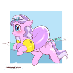 Size: 1200x1200 | Tagged: safe, artist:cold-blooded-twilight, derpibooru import, diamond tiara, earth pony, pony, adorable distress, blushing, crying, cute, female, filly, floating, foal, inner tube, partially submerged, pool toy, simple background, solo, transparent background, water