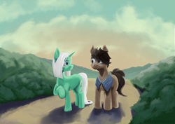 Size: 4000x2834 | Tagged: safe, artist:calebpedigo, derpibooru import, oc, oc only, oc:rider dye, earth pony, pegasus, pony, unicorn, duo, glasses, high res, looking at each other, looking at someone, male, path, ponysona, round glasses, smiling, smiling at each other, stallion