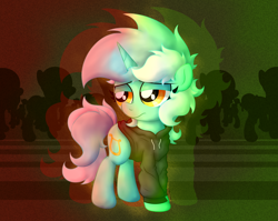 Size: 4299x3424 | Tagged: safe, artist:background basset, derpibooru import, lyra heartstrings, pony, unicorn, fanfic:background pony, abstract background, chromatic aberration, clothes, dig the swell hoodie, hoodie, sad, solo