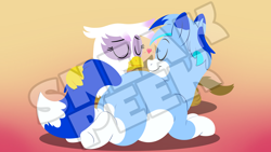 Size: 3840x2160 | Tagged: safe, artist:rupert, derpibooru import, gilda, oc, oc:rupert the blue fox, earth pony, fox, fox pony, griffon, hybrid, pony, g4, butt, chubby, eyes closed, facing each other, female, gradient background, heart, lineless, love, lying down, male, male and female, plot, prehensile tail, prone, ship:rupilda, smiling, sneak peek, tail, tail hold