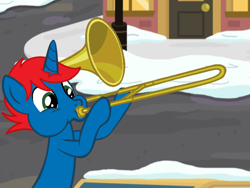 Size: 2048x1536 | Tagged: safe, artist:ry-bluepony1, derpibooru import, oc, oc only, oc:train track, pony, unicorn, male, musical instrument, solo, trombone