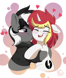 Size: 3232x3811 | Tagged: safe, artist:joaothejohn, derpibooru import, oc, oc:kenn, oc:lazy sunday, earth pony, pony, unicorn, blushing, clothes, commission, couple, cute, ears, earth pony oc, eyes closed, floppy ears, heart, holiday, horn, jacket, kiss on the cheek, kissing, lidded eyes, multicolored hair, shipping, simple background, smiling, unicorn oc, valentine's day, ych result, your character here