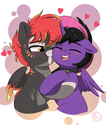 Size: 3232x3811 | Tagged: safe, artist:joaothejohn, derpibooru import, oc, oc:hollow lantern, alicorn, pegasus, pony, alicorn oc, blushing, choker, commission, couple, cute, ears, eyes closed, floppy ears, heart, holiday, horn, kiss on the cheek, kissing, lidded eyes, multicolored hair, pegasus oc, shipping, simple background, smiling, valentine's day, wings, ych result, your character here