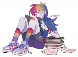 Size: 1759x1289 | Tagged: safe, artist:zoe1003, derpibooru import, rainbow dash, human, ass, book, butt, clothes, humanized, multicolored hair, rainbow hair, rainbow socks, reading, shorts, simple background, sitting, smiling, socks, solo, striped socks, white background