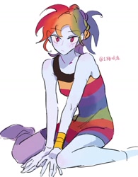 Size: 1109x1419 | Tagged: safe, artist:zoe1003, derpibooru import, rainbow dash, human, bare shoulders, female, humanized, kneeling, multicolored hair, rainbow hair, simple background, sleeveless, solo, white background