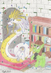 Size: 1043x1496 | Tagged: safe, artist:opti, derpibooru import, oc, oc:broadside barb, oc:guiding light, dragon, earth pony, pony, bookshelf, castle, eastern dragon, gemstones, implied transformation, magic, rug, traditional art