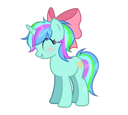 Size: 1138x1028 | Tagged: safe, artist:thinkywhynky, derpibooru import, oc, oc only, oc:coral glitter, pony, unicorn, 2024 community collab, bow, commission, derpibooru community collaboration, eyes closed, female, grin, hair bow, mare, multicolored hair, simple background, smiling, solo, transparent background, ych result