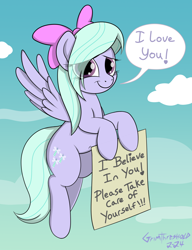 Size: 1000x1300 | Tagged: safe, artist:grimthreshold, derpibooru import, flitter, pegasus, pony, cute, female, flitterbetes, flying, looking at you, mare, motivational, positive ponies, sign, sky, smiling, smiling at you, solo, speech bubble, talking to viewer