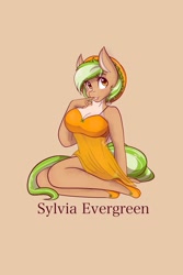 Size: 1365x2048 | Tagged: safe, artist:mscolorsplash, derpibooru import, oc, oc only, oc:sylvia evergreen, anthro, pegasus, plantigrade anthro, art trade, beige background, big breasts, breasts, busty oc, cleavage, clothes, dress, grin, hat, kneeling, looking away, see-through, simple background, sitting, smiling, solo