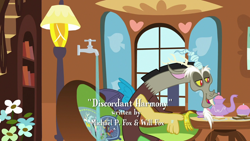 Size: 1280x720 | Tagged: safe, derpibooru import, screencap, discord, draconequus, discordant harmony, cup, fluttershy's cottage (interior), food, sandwich, teacup, teapot