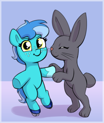 Size: 1857x2208 | Tagged: safe, artist:heretichesh, derpibooru import, oc, oc only, oc:cardamom, oc:saltwater toffy, earth pony, pony, rabbit, animal, bipedal, cute, duo, eyes closed, female, filly, foal, freckles, looking at you, ocbetes, pet oc, roller skates, skates, smiling, smiling at you, underhoof