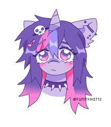 Size: 1790x2048 | Tagged: safe, artist:funnyhat12, derpibooru import, twilight sparkle, unicorn twilight, pony, unicorn, alternate hairstyle, blushing, bust, choker, ear piercing, emo, emo twilight, hairclip, piercing, portrait, simple background, solo, spiked choker, white background