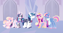 Size: 1524x808 | Tagged: safe, artist:selenaede, artist:y2kitty, derpibooru import, princess cadance, princess flurry heart, shining armor, oc, oc:clairvoyance, oc:cupid arrow, alicorn, pegasus, pony, unicorn, g4, base used, colt, concave belly, crown, crystal castle, eyes closed, female, foal, goth, hoof shoes, husband and wife, jewelry, male, mare, married couple, offspring, older, older flurry heart, older princess cadance, older shining armor, parent:princess cadance, parent:shining armor, parents:shiningcadance, peytral, physique difference, princess emo heart, princess shoes, regalia, shiningcadance, shipping, slender, smiling, stallion, straight, thin