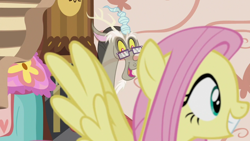 Size: 1280x720 | Tagged: safe, derpibooru import, screencap, discord, fluttershy, draconequus, pegasus, pony, discordant harmony, g4, discord's house, glasses