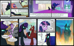 Size: 1280x800 | Tagged: safe, artist:sevireth, derpibooru import, princess luna, twilight sparkle, unicorn twilight, oc, oc:nyx, alicorn, pegasus, pony, unicorn, armor, bandage, bed, body cast, bush, clothes, comic, dialogue box, fire, glasses, helmet, horn, hospital, hospital bed, hospital room, jewelry, nightmare nyx, nonet, pegasus oc, peytral, project iris, shoes, sofa, speech bubble, stained glass, sword, throne room, tiara, tumblr comic, tumblr:nyx contacts, unicorn oc, uniform, water, waterfall, weapon