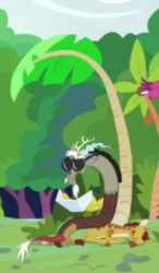 Size: 155x265 | Tagged: safe, derpibooru import, edit, edited screencap, screencap, clementine, discord, draconequus, g4, cropped, intro, palm tree, sunglasses, sweet feather sanctuary, tree