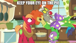 Size: 888x499 | Tagged: safe, derpibooru import, edit, edited screencap, screencap, big macintosh, discord, spike, draconequus, dragon, pony, g4, the break up breakdown, clown, food, kitchen, oven, pie, sweet apple acres