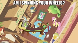 Size: 888x499 | Tagged: safe, derpibooru import, edit, edited screencap, screencap, discord, fluttershy, draconequus, pegasus, pony, g4, keep calm and flutter on, chaos, element of kindness, fluttershy's cottage (interior)