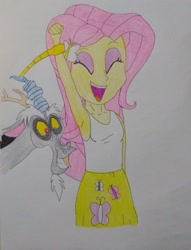 Size: 2820x3692 | Tagged: safe, anonymous artist, derpibooru import, discord, fluttershy, draconequus, human, equestria girls, g4, armpits, arms in the air, best friend, best friends, big grin, big smile, clothes, colored, duo, duo male and female, excited, excitement, eyes closed, female, friend, friends, grin, laughing, male, shirt, sleeveless, sleeveless shirt, sleeveless tank top, smiling, tanktop, tickling, traditional art