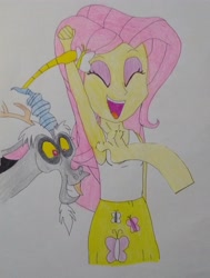 Size: 2703x3578 | Tagged: safe, anonymous artist, derpibooru import, discord, fluttershy, draconequus, human, equestria girls, g4, armpit tickling, armpits, arms in the air, best friend, best friends, big grin, big smile, clothes, colored, disembodied hand, excited, excitement, eyes closed, female, friend, friends, grin, hand, laughing, male, modular, personal space invasion, shirt, sleeveless, sleeveless shirt, sleeveless tank top, smiling, tanktop, tickling, traditional art