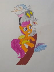 Size: 3072x4096 | Tagged: safe, anonymous artist, derpibooru import, discord, scootaloo, draconequus, pony, g4, best friend, best friends, big grin, big smile, butt, butt touch, colored, duo, duo male and female, excited, excitement, female, filly, foal, friend, friends, grin, hand on butt, hug, male, plot, scootabutt, smiling, traditional art