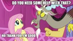Size: 888x499 | Tagged: safe, derpibooru import, edit, edited screencap, screencap, discord, fluttershy, draconequus, pegasus, pony, g4, what about discord?, caption, carousel boutique, imgflip, pointing, smiling, text