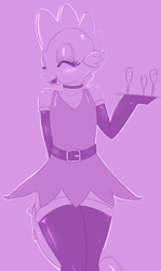 Size: 1009x1692 | Tagged: safe, artist:askadospike, derpibooru import, spike, dragon, belt, champagne glass, clothes, crossdressing, dress, evening gloves, eyes closed, femboy spike, gloves, long gloves, male, monochrome, older, older spike, purple background, simple background, smiling, solo, stockings, teenage spike, teenager, thigh highs, tray