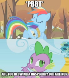 Size: 500x566 | Tagged: safe, derpibooru import, edit, edited screencap, screencap, rainbow dash, spike, dragon, pegasus, pony, fall weather friends, g4, the ticket master, butt, caption, image macro, plot, rainbutt dash, text