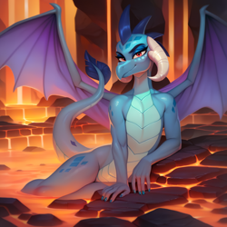 Size: 2048x2048 | Tagged: safe, ai content, derpibooru import, generator:pony diffusion v6 xl, generator:stable diffusion, machine learning generated, princess ember, dragon, g4, bedroom eyes, cave, dragoness, draw me like one of your french girls, female, fingernails, high res, lava, lava pool, leaning, looking at you, prompter:tyto4tme4l, rock, seductive pose, smiling, smiling at you, solo, spread wings, tail, wings