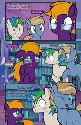 Size: 1920x2948 | Tagged: safe, artist:alexdti, derpibooru import, oc, oc:brainstorm (alexdti), oc:purple creativity, oc:star logic, pegasus, pony, unicorn, comic:quest for friendship retold, blushing, twilight's castle