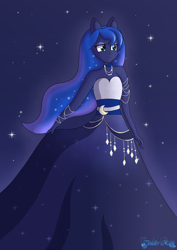 Size: 1280x1810 | Tagged: safe, artist:tenderrain-art, derpibooru import, princess luna, human, clothes, dress, eared humanization, gown, humanized, pony coloring, princess dress, solo