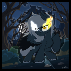 Size: 2000x1999 | Tagged: safe, artist:sherathoz, derpibooru import, oc, oc only, oc:tempest streamrider, pony, commission, everfree forest, forest, male, moon, nature, night, solo, tree