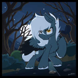 Size: 2000x1999 | Tagged: safe, alternate version, artist:sherathoz, derpibooru import, oc, oc only, oc:tempest streamrider, pony, commission, everfree forest, forest, male, moon, nature, night, solo, tree