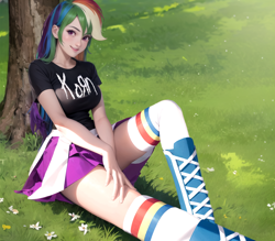 Size: 1024x896 | Tagged: safe, ai content, derpibooru import, machine learning generated, rainbow dash, human, equestria girls, background, breasts, human coloration, korn, looking at you, prompter:hqdmusthave, rainboob dash, rock merch, sitting