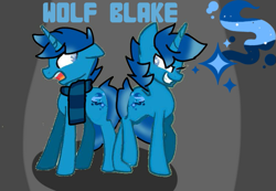 Size: 749x518 | Tagged: safe, derpibooru import, oc, oc:wolf blake, backstory in description, clothes, cutie mark, evil grin, gray background, grin, oc villain, scared, scarf, simple background, smiling, striped scarf