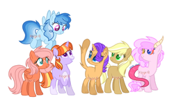 Size: 1280x734 | Tagged: safe, artist:kage-bloodfest, artist:katsubases, derpibooru import, oc, oc only, earth pony, hybrid, pegasus, pony, unicorn, base used, blaze (coat marking), coat markings, facial markings, female, freckles, interspecies offspring, looking at you, mare, offspring, parent:applejack, parent:big macintosh, parent:capper dapperpaws, parent:discord, parent:fluttershy, parent:party favor, parent:pinkie pie, parent:rainbow dash, parent:rarity, parent:sunburst, parent:trenderhoof, parent:twilight sparkle, parents:capperity, parents:discopie, parents:fluttermac, parents:partydash, parents:trenderjack, parents:twiburst, simple background, smiling, smiling at you, socks (coat marking), transparent background