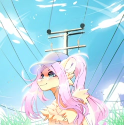 Size: 988x1000 | Tagged: safe, artist:just_gray-x, derpibooru import, fluttershy, pegasus, pony, g4, baseball cap, cap, chest fluff, female, hat, old art, outdoors, power line, smiling, solo