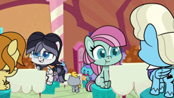 Size: 1280x720 | Tagged: safe, derpibooru import, screencap, matt #1, earth pony, pegasus, pony, g4.5, my little pony: pony life, the trail less trotten, baby, baby pony, caramel latte, colt, female, filly, foal, male, mare, minty (g4), stallion, unnamed character, unnamed pony
