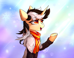 Size: 1250x973 | Tagged: safe, alternate version, artist:行豹cheetahspeed, derpibooru import, oc, oc only, oc:autumn trace, pony, unicorn, black and white mane, clothes, eye clipping through hair, eyebrows, eyebrows visible through hair, female, hoodie, lidded eyes, light, mare, open mouth, orange eyes, raised hoof, raised leg, red scarf, scarf, simple background, smiling, snow, wind, yellow skin