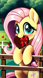 Size: 808x1440 | Tagged: safe, ai content, derpibooru import, generator:pony diffusion v6 xl, generator:stable diffusion, machine learning generated, fluttershy, pegasus, pony, g4, bipedal, blushing, box of chocolates, cute, fence, green eyes, heart, holiday, looking at you, mouth hold, outdoors, pink hair, prompt in description, prompter:marusame, shyabetes, solo, tree, valentine's day, yellow fur