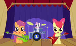 Size: 1024x616 | Tagged: safe, artist:rydercash14, derpibooru import, apple bloom, scootaloo, sweetie belle, earth pony, pegasus, pony, unicorn, drum kit, drums, electric guitar, female, filly, foal, guitar, love makes the world go round, musical instrument, stage, the powerpuff girls