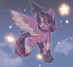 Size: 2048x1882 | Tagged: safe, artist:1312barks, derpibooru import, twilight sparkle, twilight sparkle (alicorn), alicorn, pony, cloud, cutie mark, flying, gray coat, hooves, horn, night, purple coat, raised hoof, raised leg, sky, stars, wings