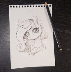 Size: 1464x1500 | Tagged: safe, artist:maytee, derpibooru import, princess cadance, alicorn, pony, g4, bust, fluffy, monochrome, portrait, smiling, solo, traditional art