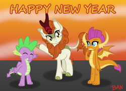 Size: 2500x1800 | Tagged: safe, artist:banquo0, derpibooru import, autumn blaze, smolder, spike, dragon, kirin, chinese new year, eyes closed, female, looking at you, male, mare, raised hoof, raised leg, smiling, text, winged spike, wings, year of the dragon