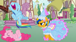 Size: 1147x645 | Tagged: safe, artist:mlpfan3991, derpibooru import, pinkie pie, rainbow dash, oc, oc:flare spark, earth pony, pegasus, pony, g4, flare spark is not amused, fountain, laughing, ponyville, princess costume, statue