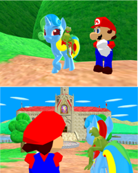 Size: 444x555 | Tagged: safe, artist:puzzlshield2, derpibooru import, oc, oc:puzzle shield, alicorn, pony, 2 panel comic, 3d, comic, crossover, female, kermit the frog, mare, mario, mmd, nintendo, plushie, story included, super mario 64, super mario bros., the muppets